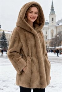Mooie korte camel faux fur jas met mink effect