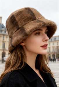 Elegante taupe bob hoed in imitatiebont