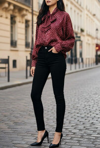 Chique bordeaux blouse in satijn met dots