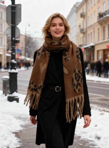 Camel winter sjaal met print in wol mix