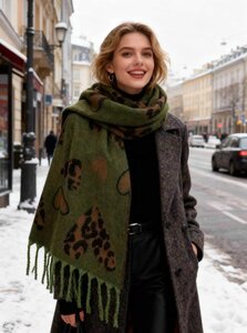 Kaki groene winter sjaal met print in wol mix