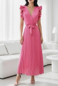 Elegante rose plisse maxi jurk. 