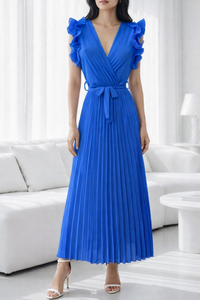 Elegante blauwe plisse maxi jurk.