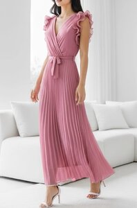 Elegante oud rose plisse maxi jurk.