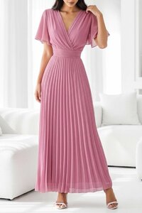 Stijlvolle zalm rose maxi plisse jurk 