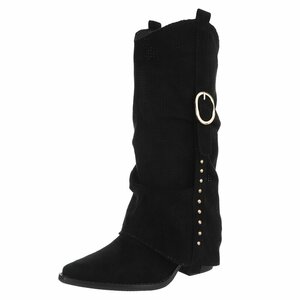 Bottes motardes western hautes en daim noir Celina