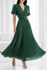 Stijlvolle donker groene maxi plisse jurk 
