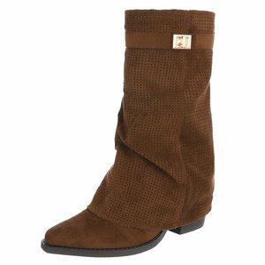 Licht bruine suède laars met perforaties en goudkleurige gesp Milou