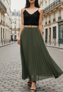 Kaki groene geplooide midi rok met taille riem