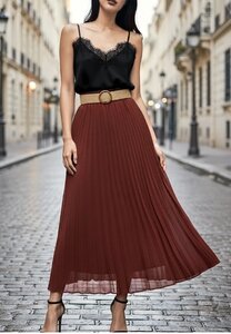 Terracotta geplooide midi rok met taille riem