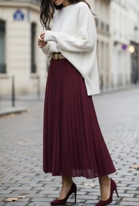 Bordeaux geplooide midi rok met taille riem