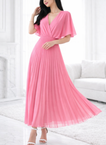 Elegante rose maxi plisse jurk 