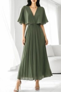 Elegante kaki groene maxi plisse jurk 