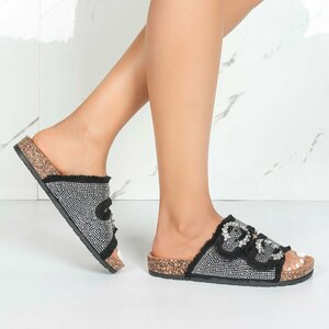 Mules Claire en denim noir avec boucles strass