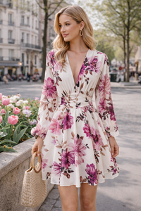 Mooie korte cream-rode colours jurk met bloemen print