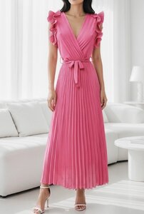 Elegante magenta rode plisse maxi jurk.