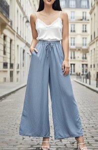 Ultra soft licht blauwe denim palazzo broek met elastische taille