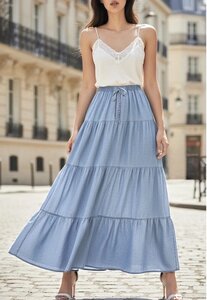 Licht blauwe ultrasoft denim maxi rok met volants en trekkoord