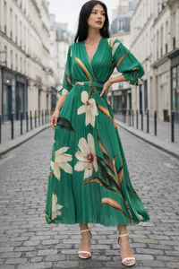 Sierlijke groene mix maxi plisse jurk