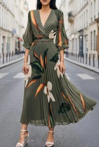 Sierlijke kaki groene mix maxi plisse jurk