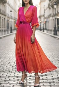 Sierlijke fuchsia-oranje mix maxi plisse jurk