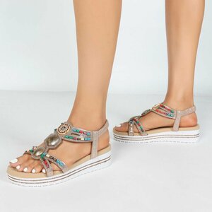 Champagne dames sandalen met kleurrijke steentjes en elastische band Cedela