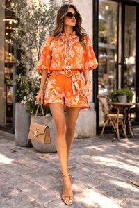 Dames set oranje met print – blouse & short met ceintuur | Zomerse look