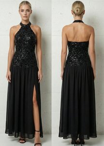 Robe de soirée noire haute couture à sequins et col halter