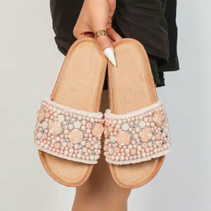 Roze slippers Gisele met parels en bloemen details