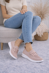 Roze instappers Chanika met sleehak – gebreide dames sneakers