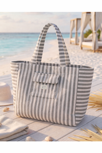 XL grijze katoenen strandtas met strepen