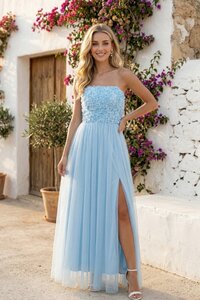 Licht blauwe shoulders off maxi jurk 