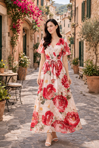 Elegante maxi jurk in beige-rode bloemenprint met strikceintuur