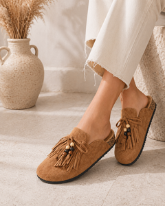 Camel mules Marilene met franjes en natuurlijke details