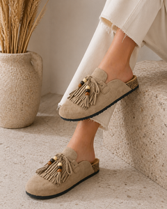 Kaki mules Marilene met franjes en natuurlijke details