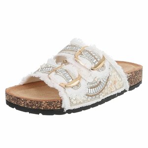 Witte boho sandalen Doran met franjes en pareldetails