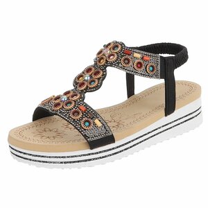 Sandales bohèmes noires avec pierres colorées-Bernica