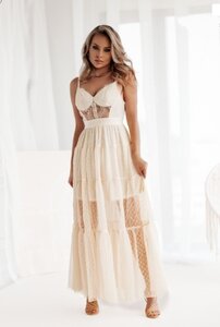 Elegante crème maxi jurk met kant en tule