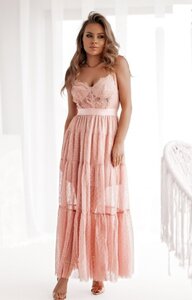 Elegante roze maxi jurk met kant en tule