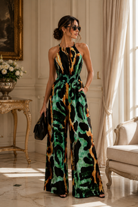 Combinaison fashion vert-orange-noir à imprimé 