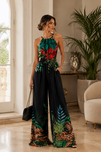 Fashion zwarte jumpsuit met tropical planten print