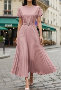 Roze plissé maxi jurk met ceintuur