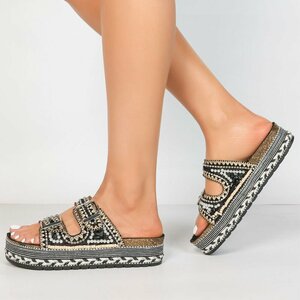Boho zwarte luxe plateau slippers met parels en strass-Aviva