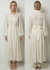 Luxe lange hemdjurk in crème met strikceintuur – elegante resort chic stijl