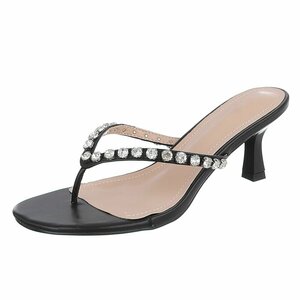 Zwarte teenslippers met strass en elegante hak-Orea
