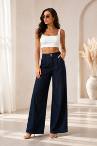 Donkerblauwe wide leg denim broek met hoge taille
