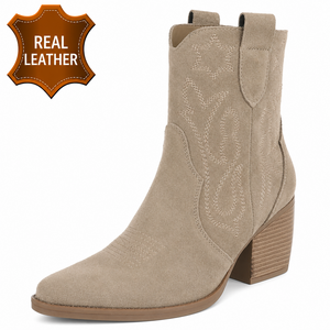 Beige leren western enkellaarsjes met hak-Antina