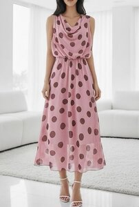 Roze midi jurk met stippen en watervalhals 