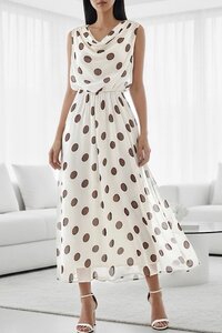 Cream midi jurk met stippen en watervalhals  SOLD OUT