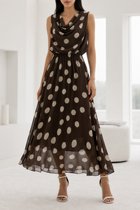 Bruine midi jurk met stippen en watervalhals  SOLD OUT